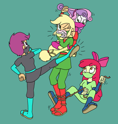 Size: 1588x1667 | Tagged: safe, artist:bugssonicx, apple bloom, applejack, scootaloo, sweetie belle, human, equestria girls, g4, alternate clothes, ambush, apple bloom's bow, bondage, bow, brightly colored ninjas, chloroform, chokehold, cutie mark crusaders, female, femdom, fight, hair bow, high kick, kicking, kunoichi, martial arts, mask, ninja, one eye closed, rope, sandals, siblings, sisters, sleeper hold, struggling, tied up, tying