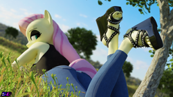 Size: 3840x2160 | Tagged: safe, artist:shadowboltsfm, fluttershy, anthro, plantigrade anthro, g4, 3d, 4k, adorasexy, black nail polish, blender, clothes, crossed legs, cute, eyelashes, eyeshadow, feet, fluttergoth, goth, high heels, high res, jeans, looking at you, looking back, looking back at you, looking over shoulder, makeup, nail polish, not sfm, open-toed shoes, pants, sexy, shoes, solo, tank top, the pose, toes, wedge heel