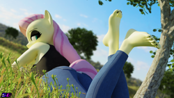 Size: 3840x2160 | Tagged: safe, artist:shadowboltsfm, fluttershy, anthro, plantigrade anthro, 3d, 4k, adorasexy, barefoot, black nail polish, blender, clothes, crossed legs, cute, eyelashes, eyeshadow, feet, fluttergoth, goth, high res, jeans, looking at you, looking back, looking back at you, looking over shoulder, makeup, nail polish, not sfm, pants, sexy, solo, tanktop, the pose, toes, wingless, wingless anthro