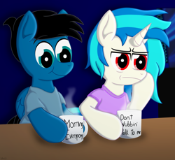 Size: 7200x6600 | Tagged: safe, artist:agkandphotomaker2000, dj pon-3, vinyl scratch, oc, oc:pony video maker, pegasus, pony, unicorn, g4, canon x oc, clothes, coffee, coffee mug, difference, female, grumpy, hand on face, male, messy mane, morning ponies, mug, pajamas, ready for another day, shipping, shirt, simple background, straight, t-shirt, table, videoscratch