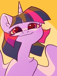 Size: 1058x1424 | Tagged: safe, artist:dodsie, twilight sparkle, alicorn, pony, g4, abstract background, bust, female, looking at you, mare, smiling, smiling at you, solo, twilight sparkle (alicorn)