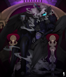 Size: 1745x2043 | Tagged: safe, artist:taiga-blackfield, oc, oc only, oc:malice, alicorn, anthro, absolute cleavage, breasts, cleavage, clothes, complex background, evening gloves, fangs, fingerless elbow gloves, fingerless gloves, fingernails, gloves, goblet, long gloves, long nails, sitting, solo