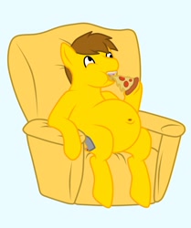 Size: 2000x2396 | Tagged: source needed, useless source url, safe, artist:deathtoaster, oc, oc:johnny, pony, armchair, belly, belly button, big belly, chair, commission, couch potato, fat, food, high res, obese, overeating, pizza, sitting, stuffing