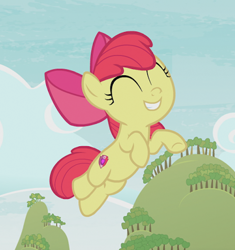 Size: 447x475 | Tagged: safe, screencap, apple bloom, earth pony, pony, g4, going to seed, adorabloom, apple bloom's bow, bow, cropped, cute, eyes closed, female, filly, hair bow, jumping, solo, sweet apple acres, teeth