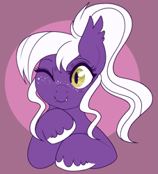 Size: 827x909 | Tagged: safe, artist:lulubell, oc, oc only, oc:snowdrop (lulubell), bat pony, bust, female, one eye closed, wink