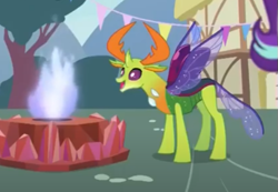 Size: 513x354 | Tagged: safe, screencap, starlight glimmer, thorax, changedling, changeling, pony, unicorn, g4, triple threat, behaving like a moth, bugs doing bug things, cropped, female, fire, king thorax, male, offscreen character, smiling, solo, stare