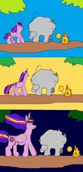 Size: 621x1286 | Tagged: safe, artist:willtheraven1, twilight sparkle, oc, oc:ruby, oc:willow, alicorn, mouse, pony, rhinoceros, fanfic:season 10, g4, the last problem, character and oc, hakuna matata, log, older, older twilight, older twilight sparkle (alicorn), princess twilight 2.0, twilight sparkle (alicorn), walking on a log