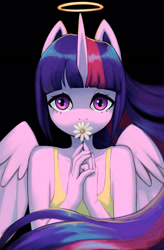 Size: 1500x2280 | Tagged: safe, artist:mrscroup, twilight sparkle, alicorn, anthro, g4, black background, breasts, clothes, cute, flower, halo, looking at you, simple background, solo, twiabetes, twilight sparkle (alicorn)