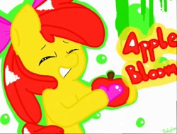 Size: 512x387 | Tagged: safe, artist:balychen, apple bloom, earth pony, pony, g4, apple, female, filly, food, solo