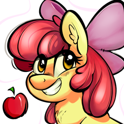 Size: 1600x1600 | Tagged: safe, artist:zapplebow, apple bloom, earth pony, pony, g4, apple, bust, ear fluff, female, filly, food, grin, portrait, smiling, solo