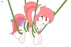 Size: 2760x1848 | Tagged: safe, artist:princessmoonsilver, oc, oc only, oc:fire lynk, pegasus, pony, bound wings, female, jewelry, mare, necklace, open mouth, ponytail, simple background, solo, suspended, tangled up, transparent background, vine, wings