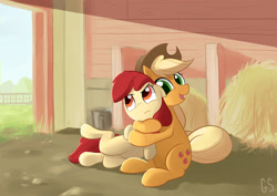 Size: 3000x2119 | Tagged: safe, artist:gsphere, apple bloom, applejack, earth pony, pony, g4, adorabloom, annoyed, apple sisters, barn, cute, duo, duo female, female, filly, foal, haystack, high res, hug, jackabetes, mare, siblings, sisters, sitting, smiling