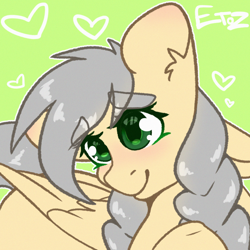 Size: 1900x1900 | Tagged: safe, artist:etoz, oc, oc only, pegasus, pony, blushing, cute, eyebrows, eyebrows visible through hair, female, green background, green eyes, grey hair, happy, heart, mare, pegasus oc, simple background, smiling, solo, wings