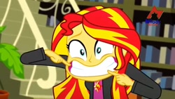 Size: 1920x1080 | Tagged: safe, screencap, sunset shimmer, epic fails (equestria girls), eqg summertime shorts, equestria girls, g4, awkward smile, cropped, female, grin, library, milady record, smiling, sunset shimmer is best facemaker