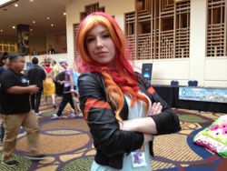 Size: 1024x768 | Tagged: safe, artist:cinemabrony, artist:littlemissbloo, sunset shimmer, human, g4, babscon, babscon 2015, clothes, cosplay, costume, crossed arms, irl, irl human, photo