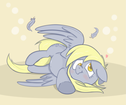 Size: 1095x912 | Tagged: safe, artist:cookieboy011, derpy hooves, pegasus, pony, g4, :t, blushing, chubby, cute, derpabetes, feather, female, floppy ears, heart, mare, solo