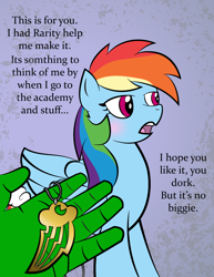 Size: 2550x3300 | Tagged: safe, artist:vareb, rainbow dash, oc, oc:anon, pegasus, pony, g4, blushing, cute, dork, gold, hand, high res, jewelry, looking away, necklace, present, text, tsunderainbow, tsundere