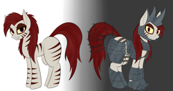 Size: 4975x2626 | Tagged: safe, artist:rorrek, oc, oc only, oc:rampage, earth pony, pony, fallout equestria, fallout equestria: project horizons, armor, barbed wire, claws, fanfic art, gradient background, multiple angles, reference sheet, slasher smile, solo, stripes, yellow eyes