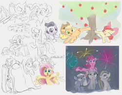 Size: 1749x1368 | Tagged: safe, artist:dotkwa, apple bloom, applejack, cheerilee, fluttershy, limestone pie, marble pie, maud pie, pinkie pie, rumble, scootaloo, sweetie belle, changeling, earth pony, pegasus, pony, unicorn, g4, :o, :p, apple, apple tree, applebucking, cutie mark crusaders, eyes closed, fireworks, grin, hissing, open mouth, open smile, pie sisters, siblings, sisters, sketch, smiling, tongue out, tree