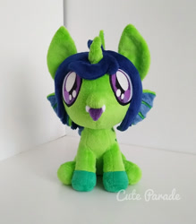 Size: 1500x1714 | Tagged: safe, artist:catnapcaps, oc, oc only, oc:demon hellspawn, half-siren, hybrid, colored hooves, colt, commission, curved horn, fangs, fins, horn, irl, magical gay spawn, male, offspring, photo, plushie, scales, slit pupils, tongue out