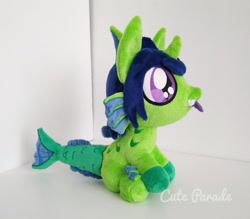 Size: 1709x1500 | Tagged: safe, artist:catnapcaps, oc, oc only, oc:demon hellspawn, half-siren, hybrid, colored hooves, colt, commission, curved horn, fangs, fins, fish tail, horn, irl, magical gay spawn, male, offspring, photo, plushie, scales, slit pupils, tongue out