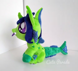 Size: 1636x1500 | Tagged: safe, artist:catnapcaps, oc, oc only, oc:demon hellspawn, half-siren, hybrid, colored hooves, colt, commission, curved horn, fangs, fins, fish tail, horn, irl, magical gay spawn, male, offspring, photo, plushie, scales, slit pupils, tongue out