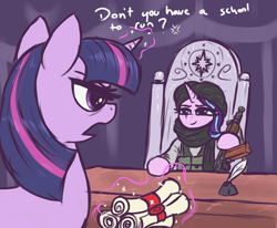 Size: 2406x1986 | Tagged: safe, artist:t72b, starlight glimmer, twilight sparkle, pony, unicorn, g4, afghanistan, aks-74u, annoyed, chair, clothes, desk, dialogue, duo, duo female, eyelashes, female, frown, historical roleplay starlight, hoof hold, horn, inkwell, levitation, magic, mare, quill, scroll, taliban, telekinesis, text, throne, turban, unicorn twilight, weapon, wingless