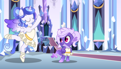 Size: 7000x4000 | Tagged: safe, artist:glistelle, oc, oc:astral, oc:crystelle harmony glam, alicorn, dragon, pony, alicorn oc, alternate hairstyle, arabesque, ballerina, ballet, ballet slippers, barefoot, clothes, crystal empire, cute, dancing, dragon oc, en pointe, eyes closed, feet, hand on hip, horn, ocbetes, one arm raised, one leg out, pose, smiling, standing, standing on one leg, tutu, tutus, tututiful, wings