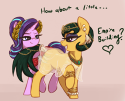 Size: 1980x1600 | Tagged: safe, artist:t72b, cleopatra jazz, starlight glimmer, earth pony, pony, unicorn, g4, alternate clothes, bedroom eyes, blushing, bracelet, cleopatra, clothes, dress, duo, ear piercing, earring, egyptian, egyptian headdress, egyptian pony, eyeshadow, female, glimmerjazz, heart, historical roleplay starlight, imminent sex, jewelry, julius caesar, laurel wreath, lesbian, looking at each other, makeup, mare, necklace, open mouth, pearl, piercing, pink background, ptolemaic kingdom, pun, raised hoof, raised leg, roman, seduction, see-through, simple background, smiling, tail, tail seduce, visual pun