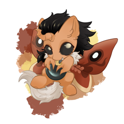 Size: 2048x2048 | Tagged: safe, artist:qamar, oc, oc only, oc:dust, changeling, moth, mothling, original species, abstract background, brown changeling, chibi, commission, egg, high res, male, solo