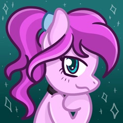 Size: 894x894 | Tagged: safe, artist:redpalette, oc, oc:violet ray, earth pony, pony, abstract background, blushing, bust, choker, cute, earth pony oc, ponytail, portrait, smiling, smirk