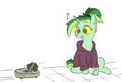Size: 672x451 | Tagged: safe, artist:jargon scott, oc, oc only, oc:okie dokey loki, pony, unicorn, claymore, claymore roomba, clothes, female, filly, hoodie, magical lesbian spawn, mine, offspring, parent:oc:dyx, parent:oc:filly anon, parents:oc x oc, question mark, roomba, solo, this will end in explosions, this will end in pain, weapon, wingding eyes