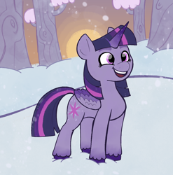 Size: 1124x1139 | Tagged: safe, artist:apatheticxaddict, twilight sparkle, alicorn, pony, g4, g5, colored hooves, colored wings, g4 to g5, generation leap, snow, solo, style emulation, sunset, tree, twilight sparkle (alicorn), unshorn fetlocks, wings