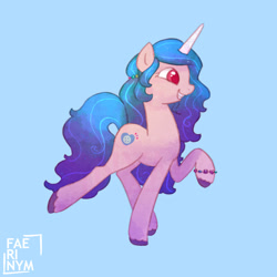 Size: 1000x1000 | Tagged: safe, artist:faerinym, izzy moonbow, pony, unicorn, g5, blue background, colored pupils, female, mare, simple background, smiling, solo