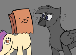 Size: 2400x1739 | Tagged: safe, artist:somber, oc, oc only, oc:paper bag, oc:sombird, earth pony, griffon, pony, female, griffon oc, male, mare, paper bag