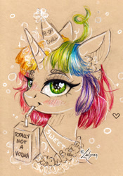 Size: 1024x1462 | Tagged: safe, artist:lailyren, oc, oc only, pony, unicorn, juice, juice box, solo, traditional art, wingding eyes