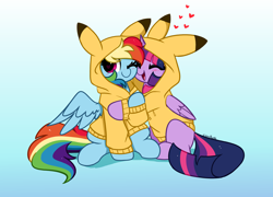 Size: 6800x4900 | Tagged: safe, artist:kittyrosie, rainbow dash, twilight sparkle, alicorn, pegasus, pikachu, pony, g4, absurd resolution, blushing, clothes, cosplay, costume, cute, dashabetes, duo, duo female, eyes closed, female, floating heart, folded wings, gradient background, heart, heart eyes, hoodie, horn, kigurumi, lesbian, looking at you, mare, one eye closed, one wing out, open mouth, open smile, pikachu hoodie, pokémon, ship:twidash, shipping, signature, simple background, sitting, smiling, smiling at you, twiabetes, twilight sparkle (alicorn), wingding eyes, wings, wink, winking at you