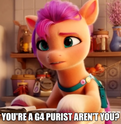 Size: 1407x1440 | Tagged: safe, alternate version, edit, edited screencap, screencap, sunny starscout, earth pony, pony, g5, my little pony: a new generation, spoiler:g5, spoiler:my little pony: a new generation, 3d, caption, comments locked down, discussion in the comments, female, image macro, implied g4 purist, mare, reaction image, solo, sunny starscout is not amused, text, text edit