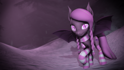 Size: 1920x1080 | Tagged: safe, artist:lagmanor, oc, oc only, oc:wintergleam, bat pony, pony, 3d, bat ears, bat eyes, bat pony oc, bat wings, braid, clothes, cutie mark, dark background, looking at you, mane, scarf, smiling, smiling at you, snow, socks, solo, source filmmaker, spread wings, tail, vignette, wings