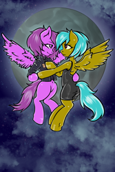 Size: 1494x2239 | Tagged: safe, artist:leastways, oc, oc:high flyer, oc:spirit walker, pegasus, pony, clothes, dancing, dress, female, mare, moon, night, night sky, pegasus oc, sky