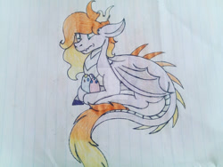 Size: 1280x960 | Tagged: safe, artist:dawn-n-night, oc, oc only, oc:firegem, dracony, hybrid, dragon egg, female, interspecies offspring, lined paper, lying down, offspring, parent:rarity, parent:spike, parents:sparity, solo, traditional art