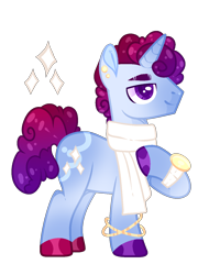 Size: 1050x1382 | Tagged: safe, artist:lilywolfpie, oc, oc only, pony, unicorn, clothes, male, offspring, parent:cherry jubilee, parent:shining armor, scarf, simple background, solo, stallion, transparent background