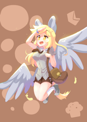 Size: 2894x4093 | Tagged: safe, artist:bubbletea, derpy hooves, human, pegasus, g4, background human, derp, food, humanized, mailmare, muffin, winged humanization, wings