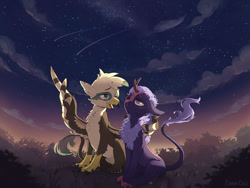 Size: 1200x900 | Tagged: safe, artist:lunarlacepony, oc, oc:dillinger, oc:night glow, griffon, kirin, commission, cute, griffon oc, kirin oc, night, night sky, scenery, shooting star, sky, stargazing, wholesome, wing hands, wings