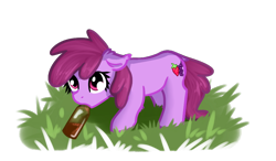 Size: 848x495 | Tagged: safe, artist:neuro, berry punch, berryshine, earth pony, pony, g4, bottle, floppy ears, grass, mouth hold, simple background, solo, transparent background