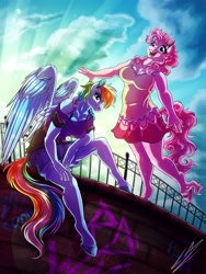 Size: 3000x4000 | Tagged: safe, alternate version, artist:lupiarts, pinkie pie, rainbow dash, earth pony, pegasus, anthro, unguligrade anthro, g4, breasts, busty pinkie pie, busty rainbow dash, clothes, commission, dress, duo, fence, high res, shorts