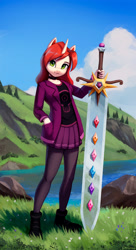 Size: 1500x2767 | Tagged: safe, artist:mrscroup, oc, oc only, unicorn, anthro, plantigrade anthro, clothes, female, grass, green eyes, lake, looking at you, scenery, shoes, skirt, smiling, solo, sword, tree, water, weapon