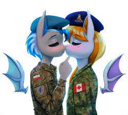Size: 3969x3576 | Tagged: safe, artist:mrscroup, oc, oc only, oc:alex batovsky, oc:ember eclipse, bat pony, anthro, bat pony oc, beret, blushing, cadpat, canada, clothes, eyes closed, floating wings, hat, high res, kissing, oc x oc, poland, shipping, uniform, wings