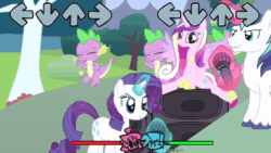 Size: 1280x720 | Tagged: safe, artist:daylightsketch, princess cadance, rarity, shining armor, spike, alicorn, dragon, pony, unicorn, g4, absurd file size, animated, bush, crown, eyes closed, female, friday night funkin', game, glowing horn, grin, horn, jewelry, magic, magic aura, male, mare, microphone, mod, necklace, open mouth, open smile, regalia, show accurate, smiling, sound, stallion, telekinesis, tree, webm