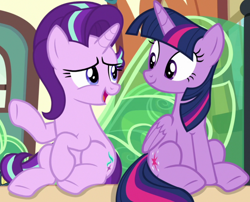 Size: 1256x1014 | Tagged: safe, screencap, starlight glimmer, twilight sparkle, alicorn, pony, unicorn, g4, season 6, the times they are a changeling, cropped, cute, duo, duo female, female, glimmerbetes, mare, sitting, train, twiabetes, twilight sparkle (alicorn)